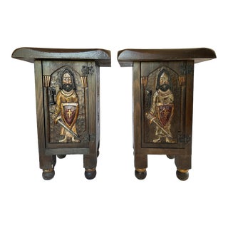 1960s Vintage French Knight Carved Wood Nightstands Set of 2 For Sale