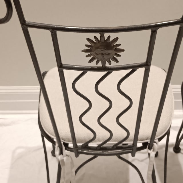 French Country Vintage French Style Wrought Iron Garden Chairs With Sunburst Design, 2 Pieces For Sale - Image 3 of 16