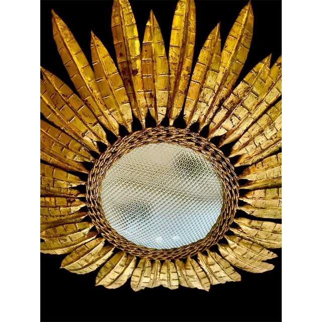 Large Spanish Crown Sunburst Fixture in Gilt Metal and Curved Glass, 1950 For Sale - Image 4 of 5