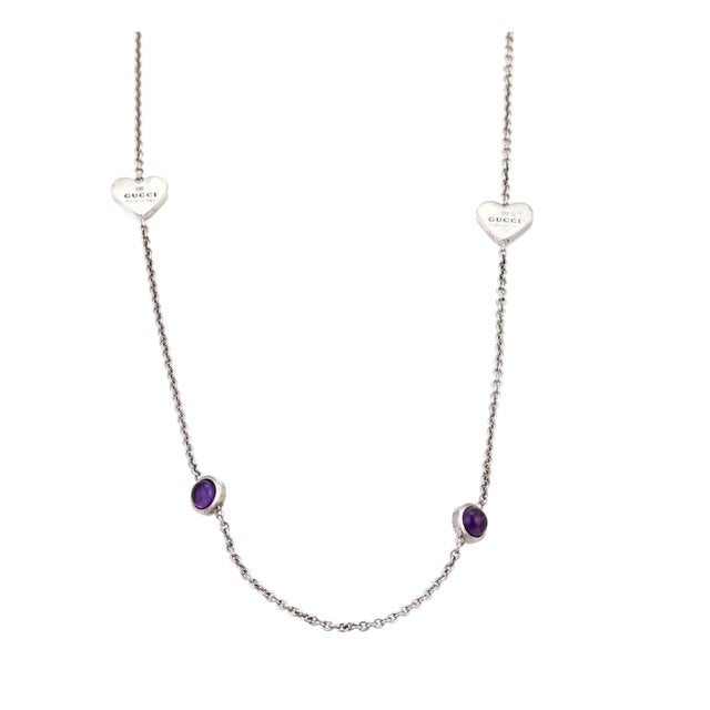 Gucci Amethyst Sterling Silver Hearts & Dots Long Chain Necklace For Sale