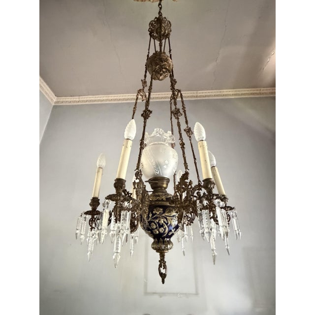 French 7-Light Chandelier in Bronze, Majolica and Crystal, 1930s For Sale - Image 4 of 8