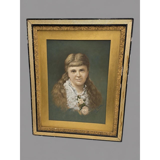 Wood Antique Pastel Portrait Painting Young Woman Victorian Gilt Frame Framed Art For Sale - Image 7 of 7