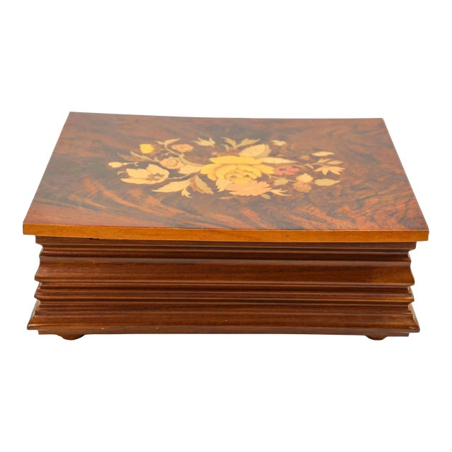 Jewelry Wooden Music Box Made in Italy With Flowers Inlaid Burl Wood Top For Sale