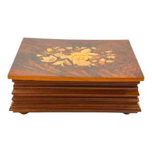 Jewelry Wooden Music Box Made in Italy With Flowers Inlaid Burl Wood Top
