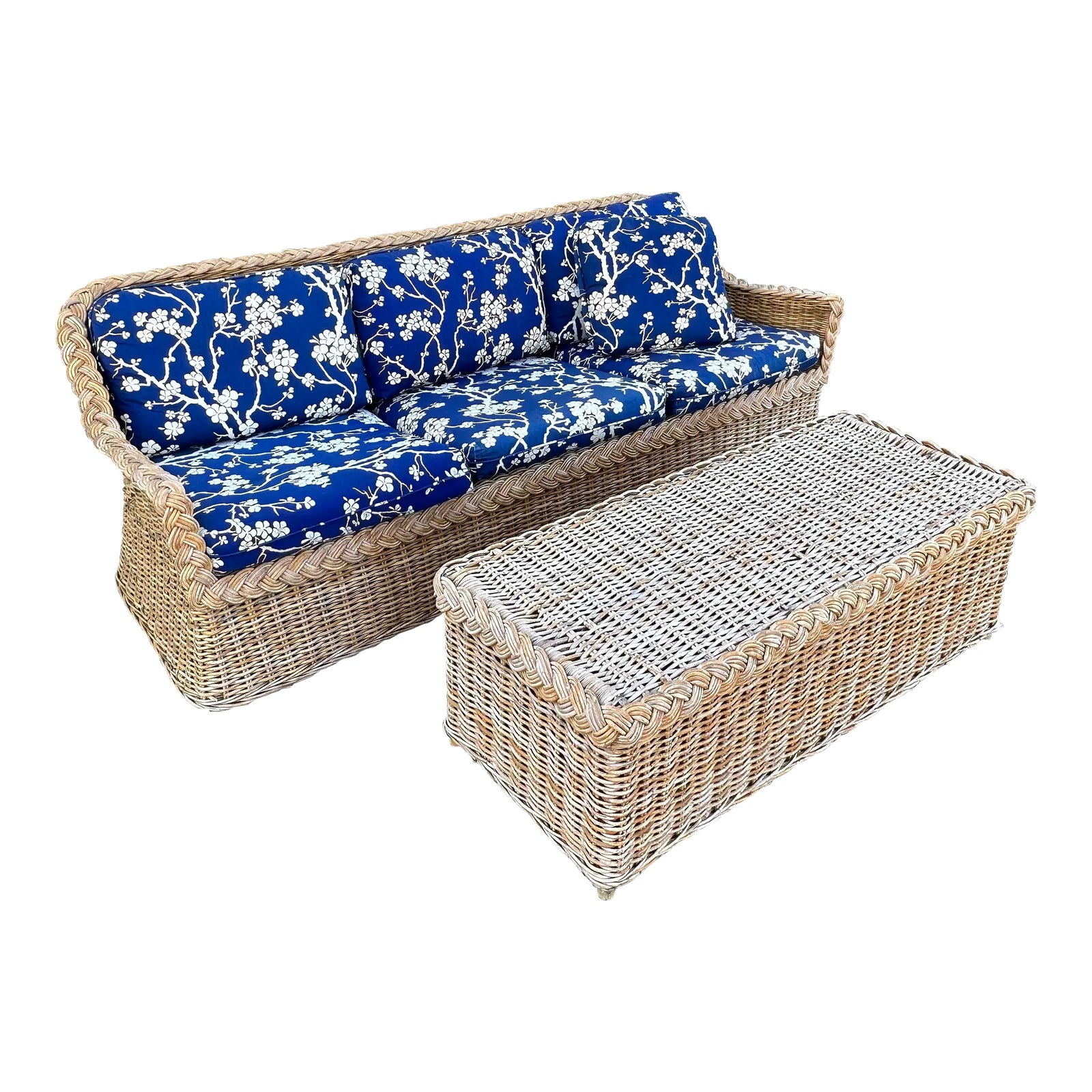 RattanWicker Sofa and Coffee Table Atrributed to Wicker Works, 2