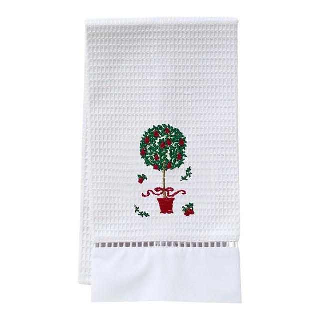 Red Pear Topiary Tree Guest Towel White Waffle Weave, Ladder Lace, Embroidered For Sale