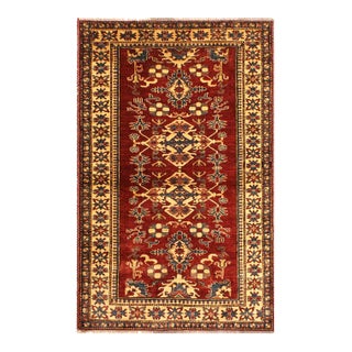 Rustic Super Kazak Red/Gold Wool Rug - 4'0'' X 5'7'' For Sale