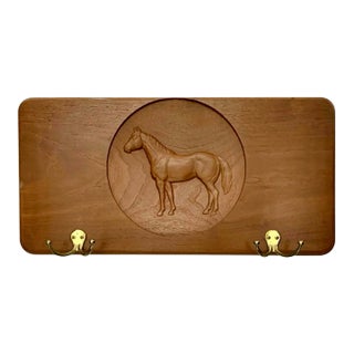 Late 20th Century Horse Plaque Coat Rack Wood Double Hook Wall Mount Vintage Equestrian Decor For Sale