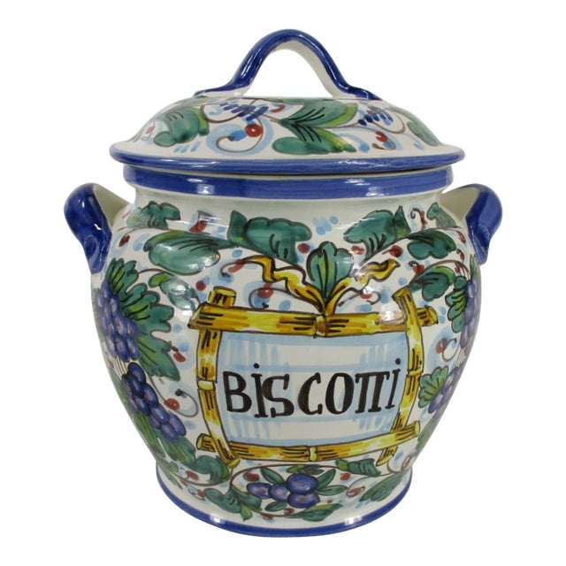 Vintage Ceramic Italian Hand-Painted Biscotti Jar For Sale