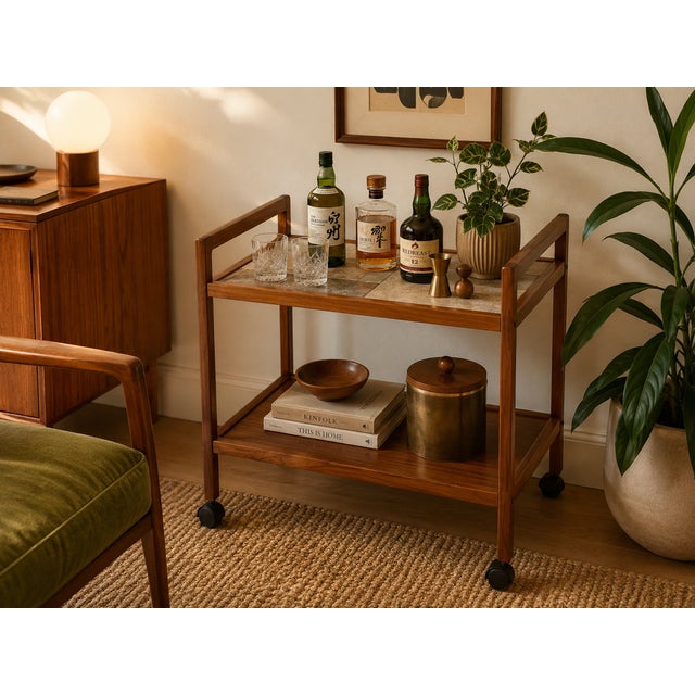 Beautiful bar cart by Møbelfabrikken, crafted in warm wood and featuring a distinctive geometric tile top. Designed with...