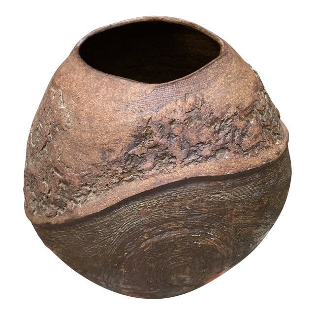 Original Hand-Thrown 1980s Stunning Clay Vessel Dramatic Brutalist Texture - Signed by Galveston Artist For Sale