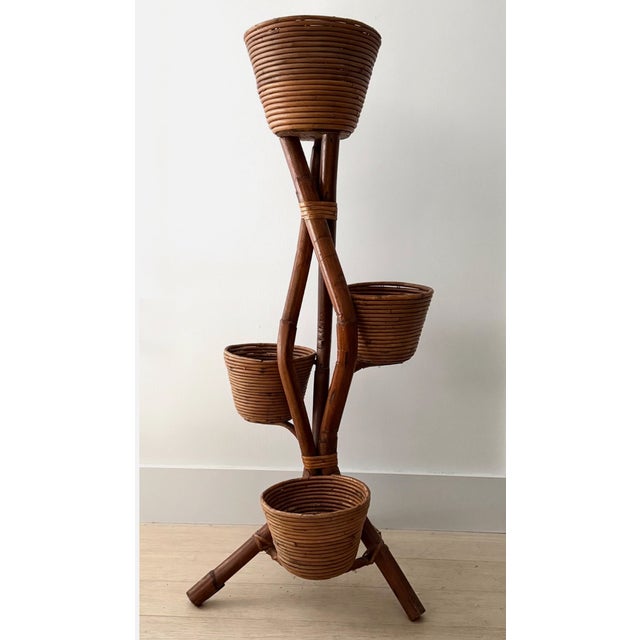 1960s Circa 1965 Italian Bamboo and Rattan Plant Stand For Sale - Image 5 of 16
