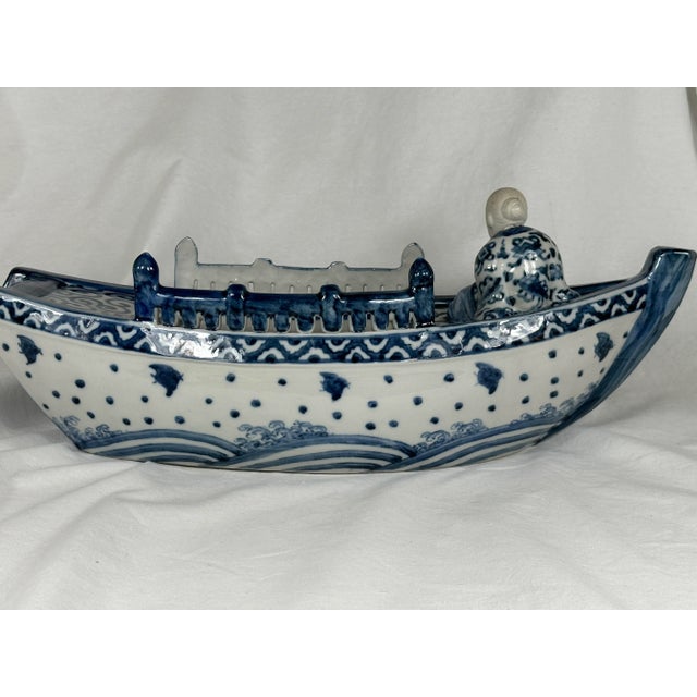 Japanese Japanese Kutani Boat Blue and White Signed Ikebana For Sale - Image 3 of 12