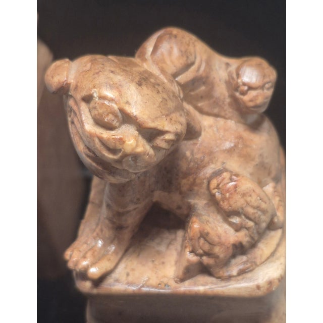 Transitional Pair of 19th C Chinese Stone Carved Temple Seals With Foo Dog Decoration For Sale - Image 3 of 6