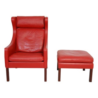 Set of Model 2204 Wingchair and Ottoman in Red Leather by Børge Mogensen, 2000s For Sale