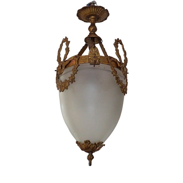 Antique French Louis XVI Style Glass and Bronze Pendant Lamp, 1890s For Sale