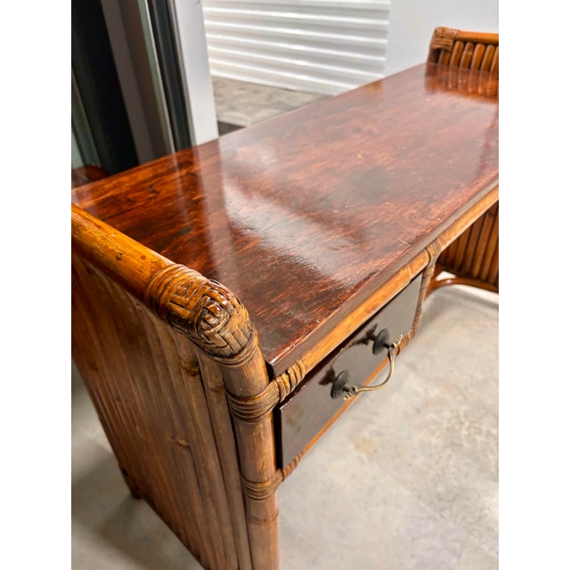 Mid 20th Century Paul Frankl Styled Stacked Rattan Bamboo Desk. Vintage, Refurbished, Mahogany Desk or Entry Table. For Sale - Image 5 of 9
