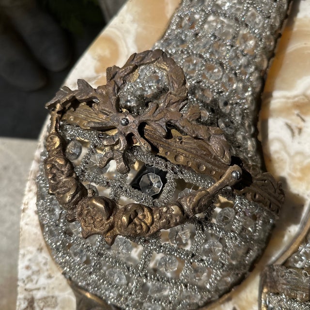 French Vintage Gold Metal and Crystal Small Basket Style Wall Sconces - a Pair For Sale - Image 3 of 6
