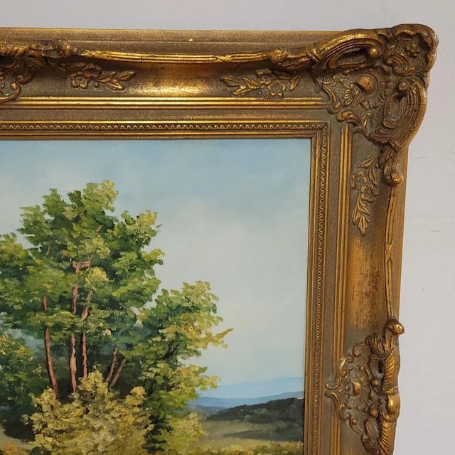 Mid 20th C Traditional Framed Oil on Board Haystacks Landscape Scene For Sale - Image 4 of 7