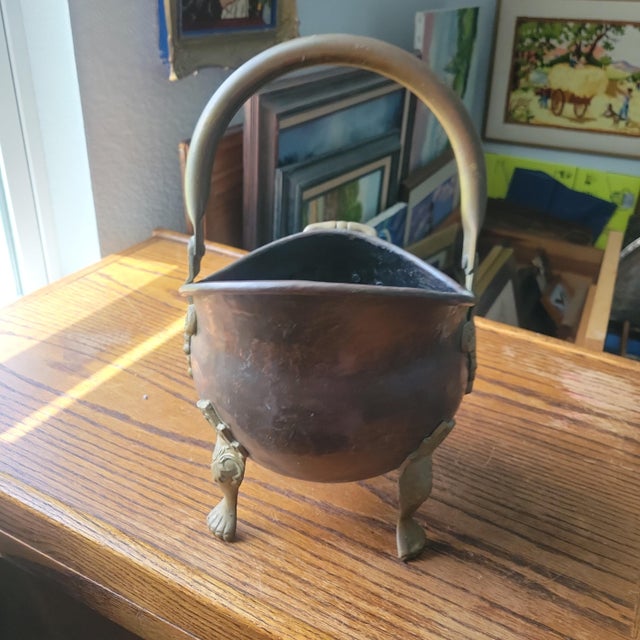 Metal Antique Helmut Coal Scuttle Hand-Raised Seamless Hand Hammered Copper Brass Accents Footed For Sale - Image 7 of 14