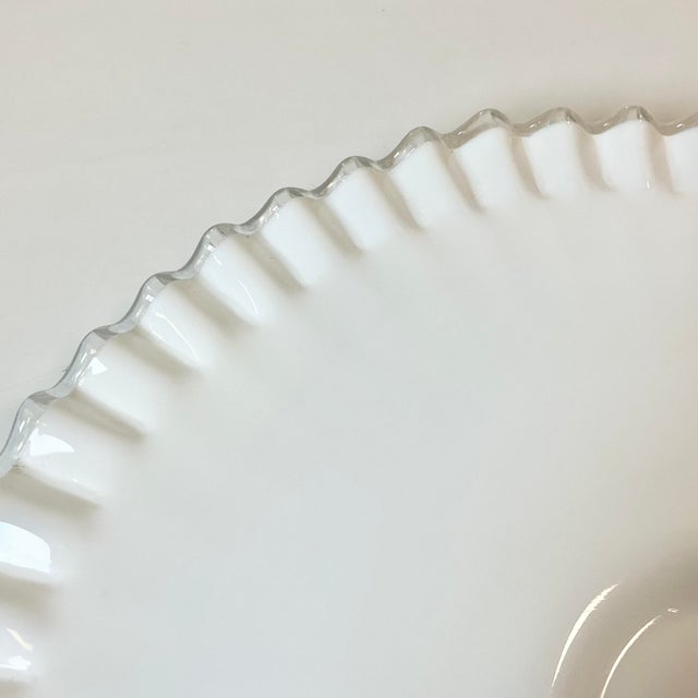 White 1950s Vintage Americana Farmhouse Boho Chic Fenton Silver Crest Milk Glass Ruffled Edge Low-Rise Cake Stand For Sale - Image 8 of 12