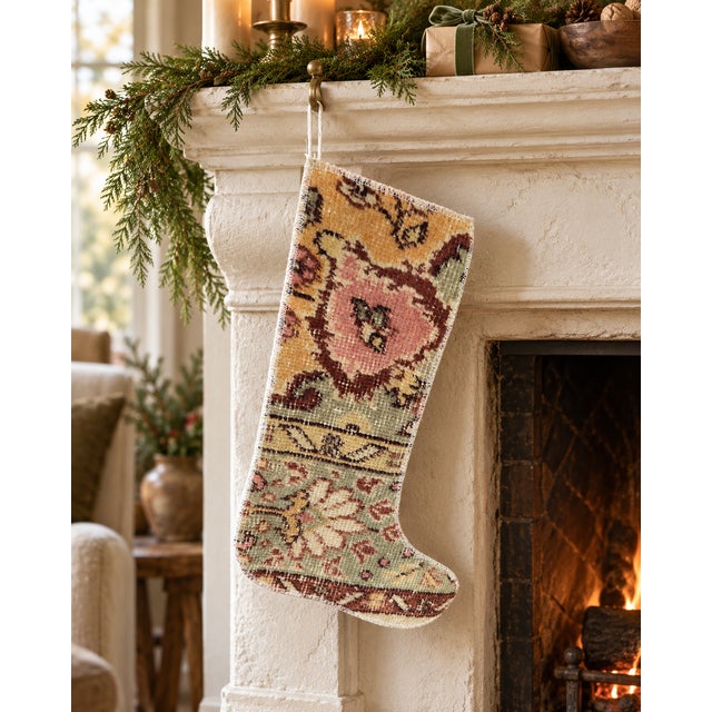 This one-of-a-kind Christmas stocking is hand-altered from an authentic vintage Turkish rug, hand-knotted in wool circa...