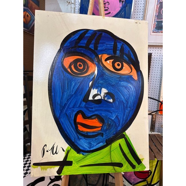 1970s 1970s Peter Keil Original Blue Face Painting For Sale - Image 5 of 6