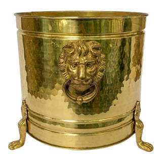 Footed Brass Lions Head Planter Cachepot Jardiniere For Sale
