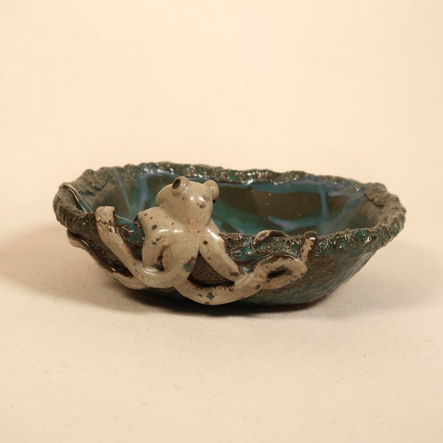 Late 20th Century Signed Sculptural Studio Pottery Hand-Formed Octopus Ceramic Bowl Ocean-Inspired Dish With Teal Blue Textured Glaze For Sale - Image 5 of 12