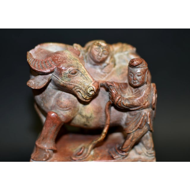 Chinese Pair Large Antique Stone Statues Bookends Boy and Buffalo For Sale - Image 3 of 12