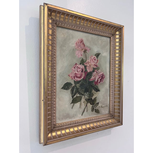 English Antique Style Signed Floral Oil Painting of Pink Roses by M. J. Bennett, Dated 1905 For Sale - Image 3 of 8