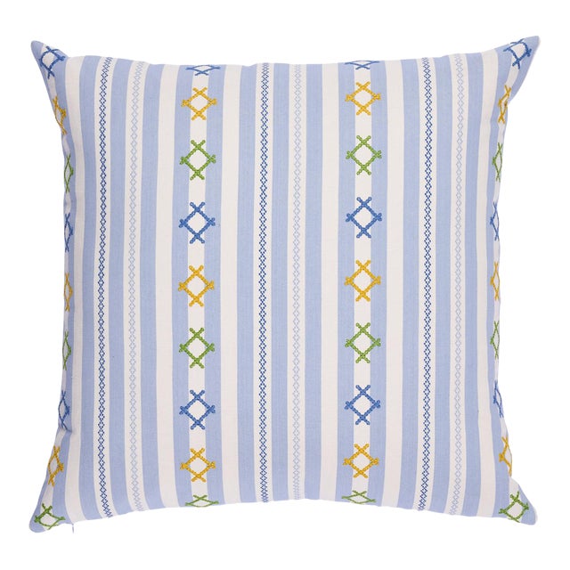 Schumacher Rhodes Stripe 22" Pillow in Sky For Sale