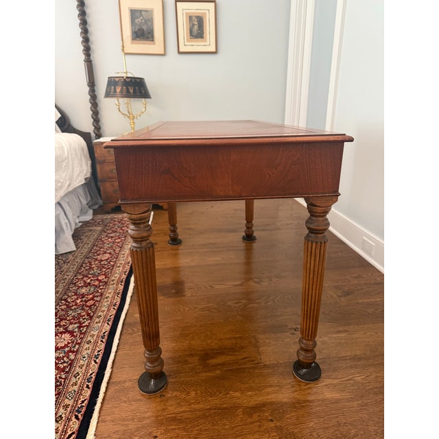 Wood Vintage Regency-Style Figured Yew & Tooled Leather Writing Desk For Sale - Image 7 of 10