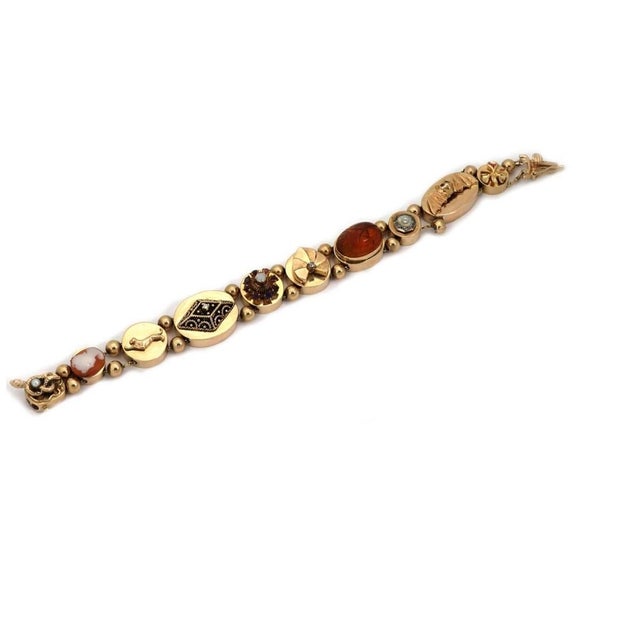 Contemporary Mid 20th Century Diamond & Gems 10 Slide 14k Yellow Gold Charm Bracelet For Sale - Image 3 of 6