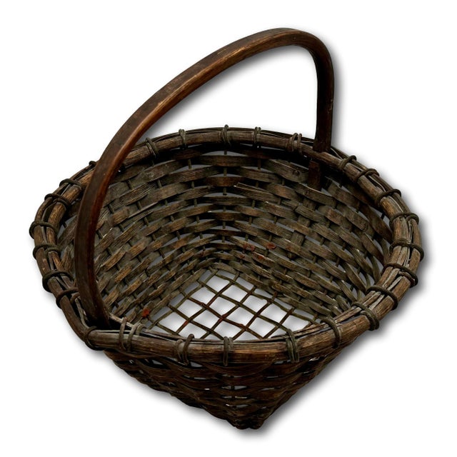 Wood Great Authentic Antique Steel Wire & Ash Wood Splint Massachusetts Famous Ipswich Clam Diggers Gathering Basket For Sale - Image 7 of 18