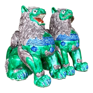 Vintage Asian Glazed Ceramic Foo Dogs - a Pair