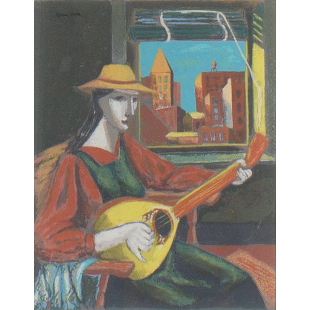 A serigraph print by the American artist Henry Mark (born 1915). This piece features a woman in a hat playing the guitar...