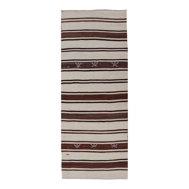 Turkish Vintage Flat-Weave in Shades of Brown and Ivory With Stripe Design For Sale