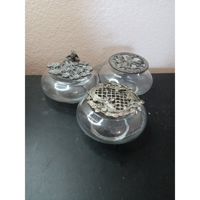 American Gorgeous Trio of Potpourri Squat Vases With Filigree Pewter Lids. For Sale - Image 3 of 8
