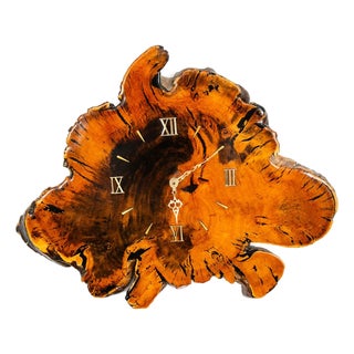 Mid Century Modern Clock Wood Burl Wall Brass Gold Danish Vintage MCM For Sale