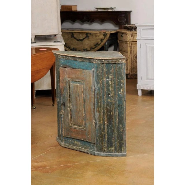 Brown 1790s Swedish Gustavian Period Blue Painted Wall Hanging Corner Cabinet For Sale - Image 8 of 12