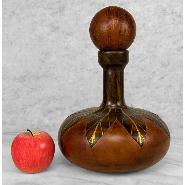 - Original 1970's Italian Revival Cognac Decanter - Green Glass Interior with Genuine Leather Outer Layer - Unusual...