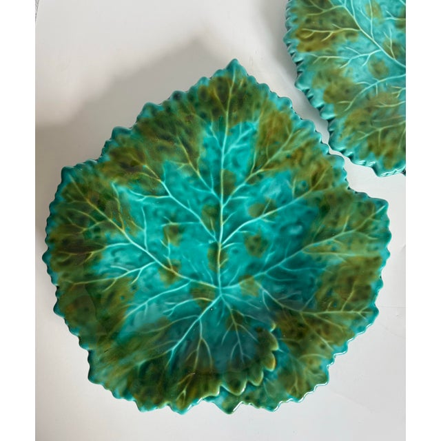 Turquoise Vintage Portuguese Majolica Turquoise Leaf Plate For Sale - Image 8 of 11