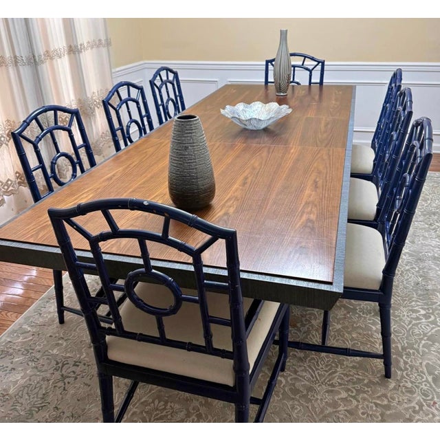 Faux Bamboo Chinoiserie Style Blue Dining Chairs in Blue Set of 8 For Sale - Image 14 of 14