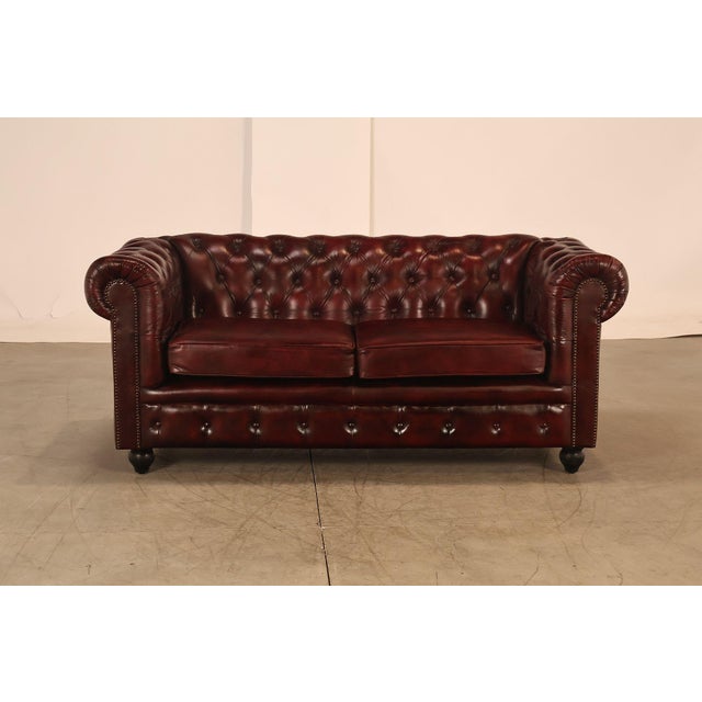 Chesterfield Style Oxford Red Tufted Leather Sofa For Sale - Image 16 of 18