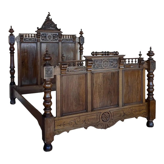 Antique French Louis XVI Style Full Size Rosewood Carved Bed Frame Baroque For Sale