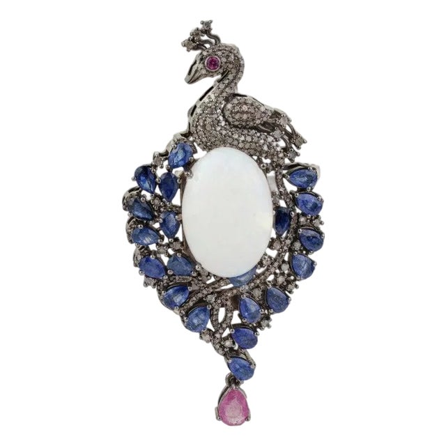 Handcrafted Peacock Brooch Pendant Featuring 23.32 Carats of Gemstones & Diamonds For Sale