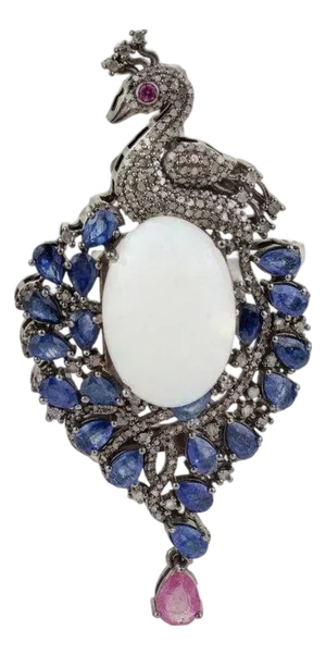 Handcrafted Peacock Brooch Pendant Featuring 23.32 Carats of Gemstones & Diamonds