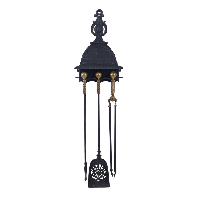 Victorian Wall-Mounted Fireplace Tool Set in Iron and Brass, 1880s For Sale