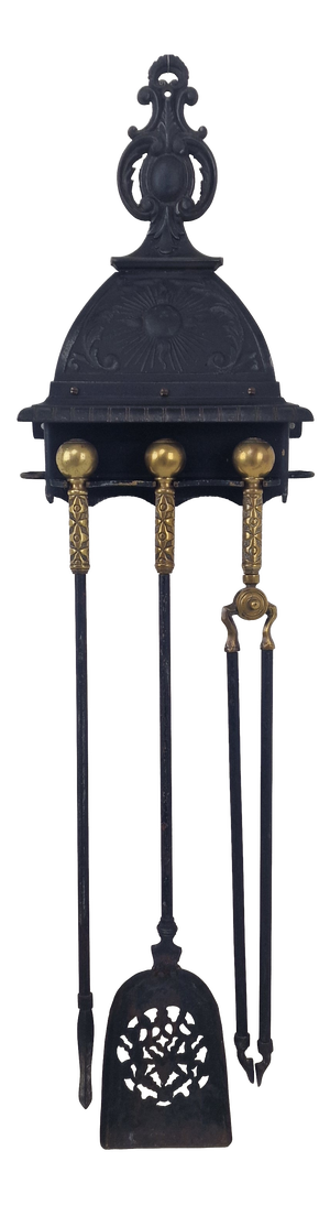 Victorian Wall-Mounted Fireplace Tool Set in Iron and Brass, 1880s